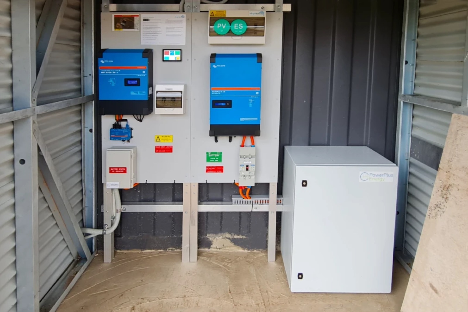 Complete Victron MPPT, MultiPlus and battery system installed in a remote shed